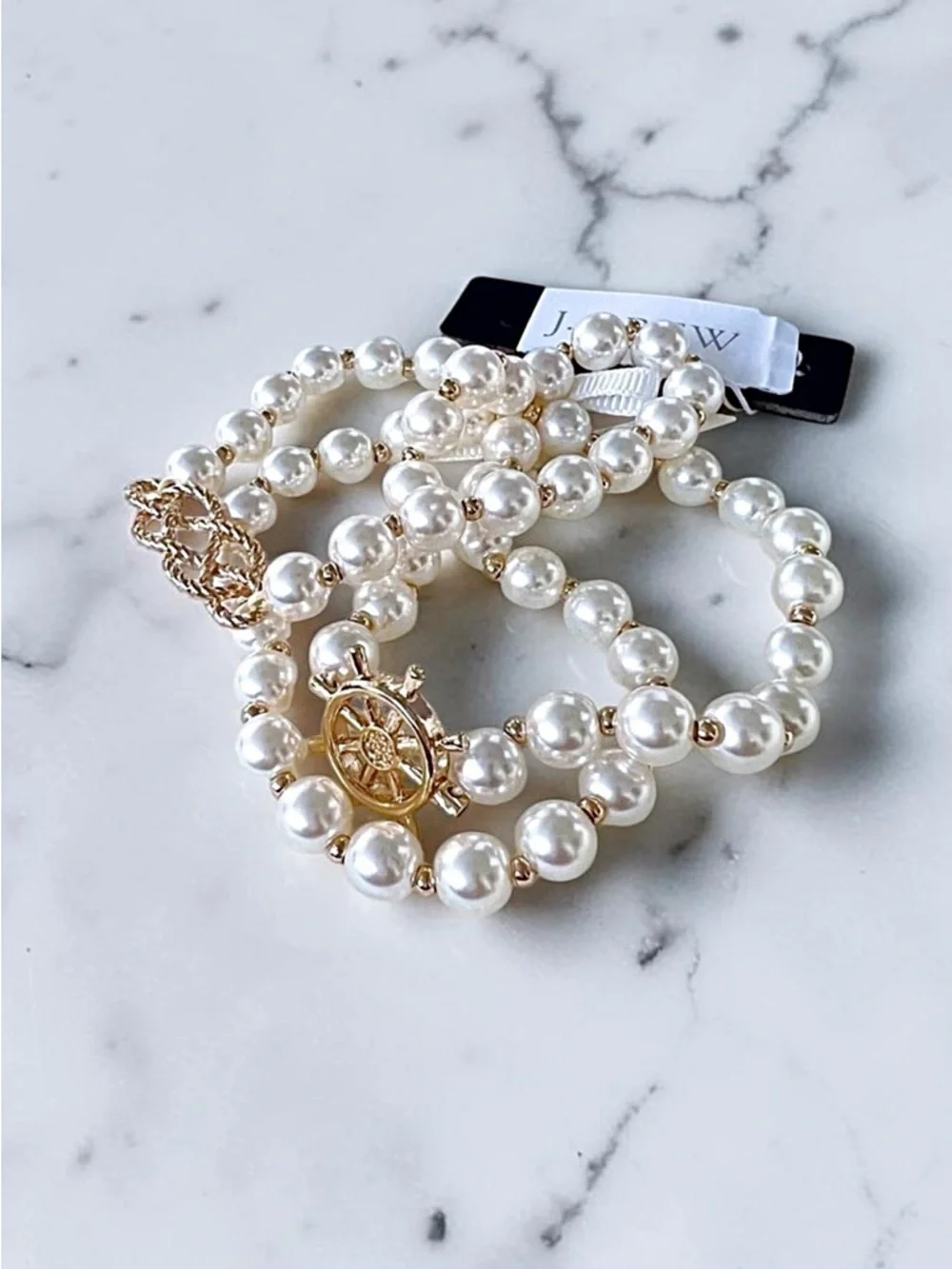 J. Crew Nautical Pearls 3 Piece Beaded Bracelets Set with Gold Ship Charms